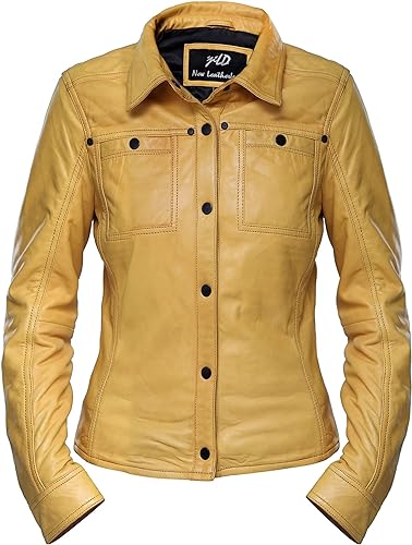 Womens Button Front Lambskin Leather Jacket Shacket - Casual Shirt Long Sleeve Leather Jacket Women with Bust Pocket