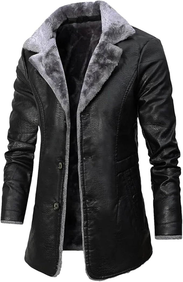 Mens Winter Thick Long Fleece Leather Jacket Casual Streetwear Business Pocket Leather Jackets Coat