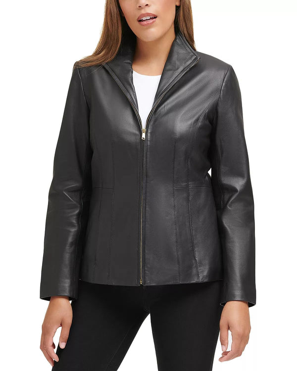 Women's Fully Lined Wing Collar Leather Coat