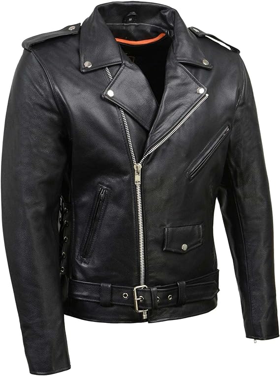 Leather Men's Classic Side Lace Police Style Motorcycle Jacket Coat