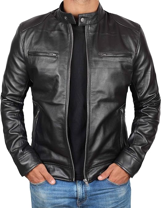 Real Lambskin Black and Brown Motorcycle Mens Leather Jacket