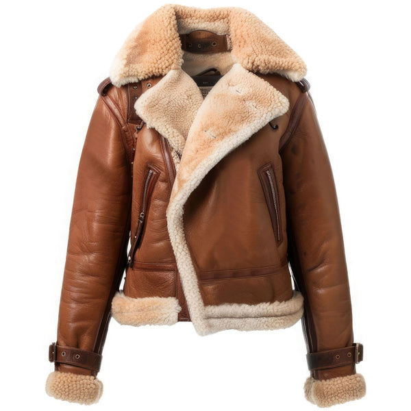 Women’s Chocolate Brown Sherpa Shearling Faux Fur Collar Warm Soft Asymmetric Zip-up Biker Aviator Leather Jacket.