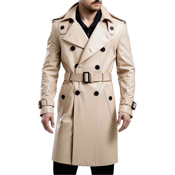 Men’s Beige Genuine Sheepskin Double Breasted Classy Casual Winter Outerwear Smooth Lightweight Belted Leather Trench Coat